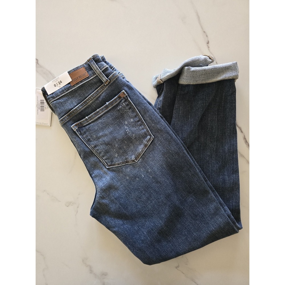 Judy Blue 0/24 High Waist Boyfriend Jeans Medium Wash Cuffed Distressed NWT